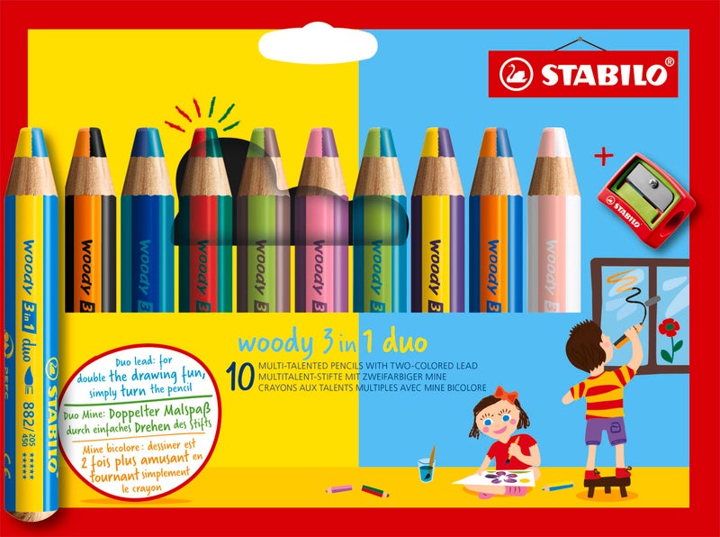 STABILO Multi-Talented Pencil woody 3 in 1 duo - Pack of 10 - Assorted Colors with Sharpener - Image 1